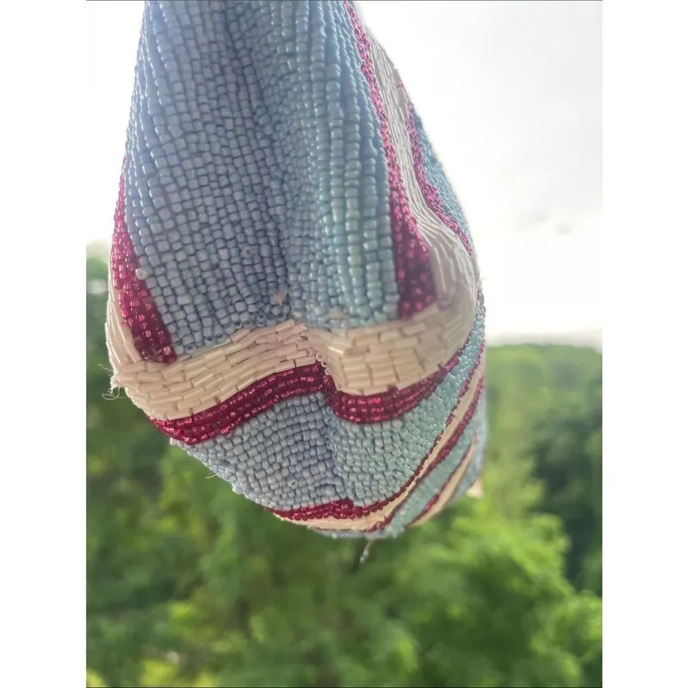 Viral Beaded Bag - Handcrafted Beaded Stripe Mini Tote - Blue, Cream & Red